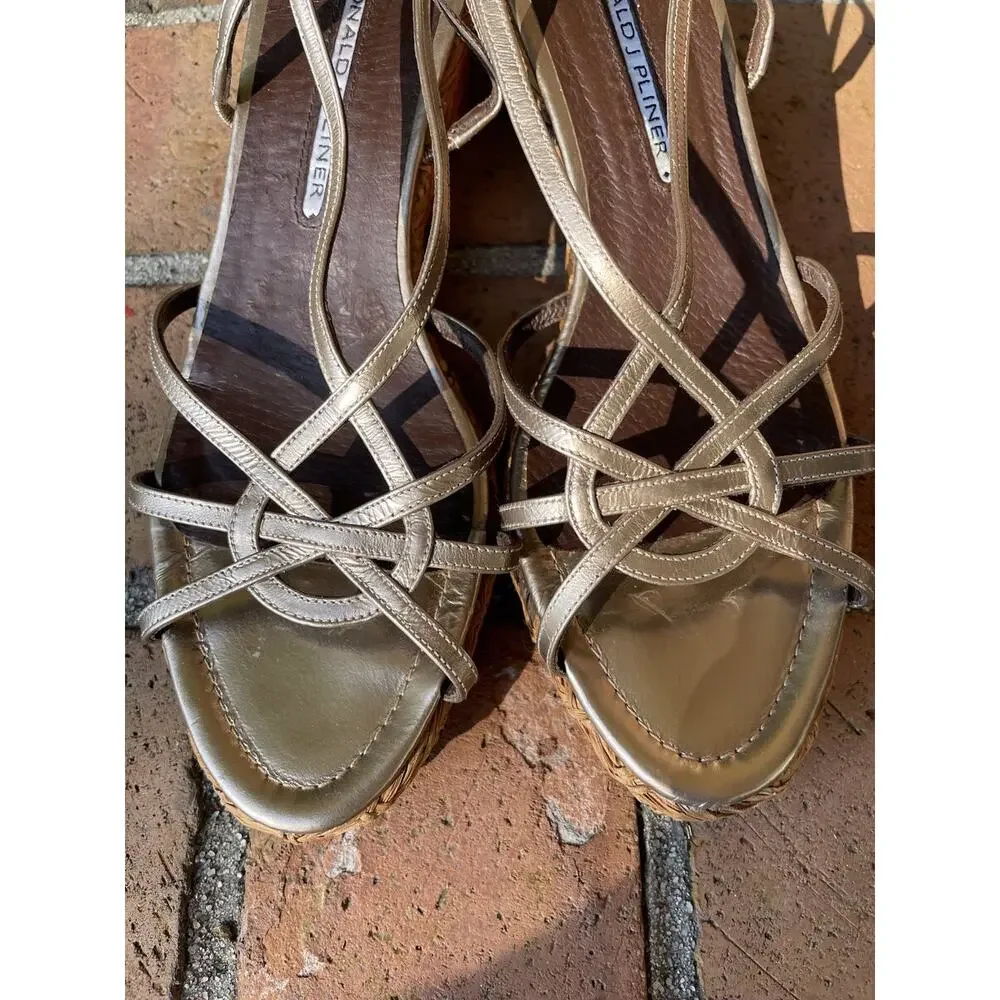 Donald J Pliner Bronze Metallic Woven Wedge Slingback Sandals Sz 8.5